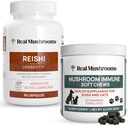 Ekte Mushrooms Reishi Kapsler for mennesker (90ct) & Mushroom Immune Kjæledyr Chews (60ct) - Bundle for Longevity, avslapning og immunitet - Ashwagandha, Astragalus & mer - Vegan, ikke-GMO, Glutenfri