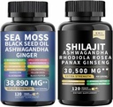 Sea Moss og shilajit Hav Moss Svart Seed Oil Ashwagandha Ginger&shilajit rhodiola rosea panax Ginseng (120 Count (Pack of 2))