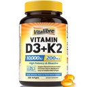 Vitamin D3 K2 Supplement, 10000 IU D3 / 200 mcg K2 MK7, kalsiumabsorpsjon, Bein, hjerte, immun & humør støtte, forbedret absorpsjon, ingen soya, lett å svelge, 300 Softgels