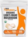 BulkSupplements.com Organic Lions Mane Mushroom Powder - Lions Mane Powder, Mushroom Supplement - Vegan & Glutenfri, 1g per servering, 500g (1,1 lbs) (Pack of 1)
