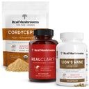 Ekte Mushrooms RealClarity (60ct) & Lions Mane (120ct) Kapsler w/Cordyceps pulver Bundle - Mushroom Supplement for mental klarhet, fokus, kognisjon, energi og vitalitet - Vegan, ikke-GMO