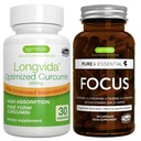 Longvida Lipidated Curcumin 500mg + Focus Brain Booster Vegan Bundle, Ultra Biotilgjengelig Curcumin + koffein, L-theanin, Taurin & L-tyrosin, B-vitaminer, sink og kobber, av Igennus