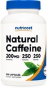 Nutricost Naturlig koffein 200mg, 250 Vegetariske kapsler - Glutenfri, ikke-GMO