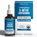 Organic Kids Metylfolat + Metyl B12 Cofactor - Organic Berry Flavor, Sublingual Form - 5-MTHF Form, Superior Form of Folate - Justerbar dosering for alle aldre - Mood, Atferd, Kognisjon - 1 oz.