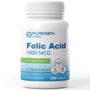 Puregen Labs Folic Acid 1000mg Tabletter | Vitamin B9 | Ikke-GMO | Glutenfri | Laget i USA | Verdistørrelse 1000 Tabletter