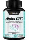 Alpha GPC Choline Supplement 600 mg, 99%+ Mye renset, Biotilgjengelig kilde til Choline,180 Veggie Capsules, Kognitiv forsterker Nootropic, støtter minne og hjernefunksjon, øker fokus og humør