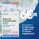 MAJOR Bismuth Subsalicyate 262mg Chewables - Tilbyr Heartburn, Indigestion, kvalme, diarrea, og Upset Mage Relief - Antidiarreal - 30 Chewable tabletter