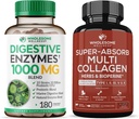 Helsome Wellness Digestive Enzymes 1000MG Plus Prebiotika & Probiotika Supplement + Super-Absorb Multi Collagen piller (type II III V X) Organiske urter og Bioperine Bundle