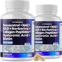 Vitamax Resveratrol NAD+ Berberine Hyaluronsyre - Biotin Grape & Blueberry + NAC - Collage Peptides - Hår, Nagel, Hud & Felles Supplement - 21-i-1 kvinner og menn - laget i USA - 120 greve