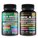 Sjilajit og Sea Moss Combo - Sea Moss og Shilajit Bundle med Ashwagandha, Black Seed, Turmeric, Bladderwrack, Burdock, Black Pepper med vitaminer og antioksidanter - 120 Veggie Capsules