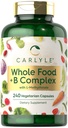 Carlyle Vitamin B-kompleks Hele matvarer Blande | 240 kapsler | Daglig flervitamin for menn og kvinner | med B1, B2, B6, B12, Folat, Niacin og L-metylfolat | Ikke-GMO & Vegetarisk Supplement