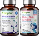 B-3 Nicotinamide 500 mg 180 Vcaps - Hårhud og negler 180 Caplets 10000 mikrog Biotin - Nikotinic amid Niacin Natural Flush-Free Vitamin Formula - støtter hudcelle helse