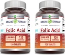 Amazing Formler Folic Acid Supplement 5000 Mcg | 120 tabletter | Ikke-GMO | Glutenfri | laget i USA (2 Pack)