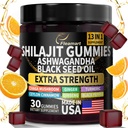 Shilajit Gummies, Shilajit ren Himalayan Gummies med Ashwagandha, Svart Seed Oil, Sugar Free Shilajit Gummies for menn og kvinner, 30 greve, Orange Flavor