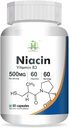 Generisk Niacin (Vitamin B3) 500mg Energinivå | Hud Helse -60 Vegetariske kapsler - Pakke med 1