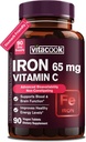 Jern Supplement for kvinner menn høy styrke jern 65mg med vitamin C 250mg | Magevennlig jern piller for rød blodcelle og immun støtte | Vegansk, ikke-GMO & Glutenfri | 90 tabletter