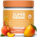 Forgge Energi Booster Super Drink - Ren koffein + B12, B6, C & D Vitaminer - sukkerfri energi drikke pulver med elektrolytter, Aminosyrer, antioksidanter, Lions Mane - Vegan, keto-vennlig - 30 SVG, Peach Mango