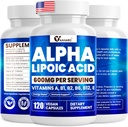 Alpha Lipoic Acid 600 mg, ALA Supplement for energiforsterkning, immun støtte, sunn funksjon, og forbedret absorpsjon, R-Alfa Lipoic Acid med essensielle vitaminer, 120 kapsler