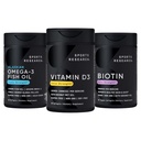 Idrettsforskning Trippel styrke Omega 3 Burpless Fish Oil 1250mg fra Wild Alaska Pollock, vitamin D3 5000 IE med kokosnøtt MCT olje (125mcg) og vegansk biotin 5000mcg vitamin B7-30 Softgels Hver