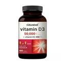 NatureBell Vitamin D3 50 000 IU + K2 200 mg, 180 Softgels | En gang svakt formel med kokosolje | Max styrke bein, hjerte og immunstøtte | MK-7 Form | Ikke-GMO