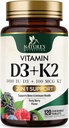 Vitamin D3 K2 Supplement | 5000 IU D3 + K2 100 mg | MK-7 K2 med vitamin D | Støtter immun, hjerte, tenner og bein helse - Naturens lett å Chew, VIT D3 K2, Ikke-GMO, Tastig Berry Flavor - 120 tabletter