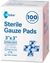 Globe 3 '' x 3 '' Avansert sterile Gauze Pads, 100-Pack Individuelt pakket - 12-Ply bomull for sårbehandling kjole, svært absorbent bandasjer for hjemme- og nødbruk - Reise & førstehjelp Kit Viktig