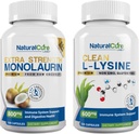 Naturlig Cure Labs Bundle: ekstra styrke Monolaurin 800mg + ren L-Lysine 600mg