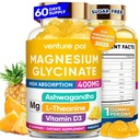 60 dagers forsyning magnesiumglycinat 400 mg gummier med Ashwagandha, L-theanin, CoQ10, Vitamin D3 & B6, sukkerfri magnesium gummier for voksne og barn, stress relief, søvn og ro, vegansk, glutenfri