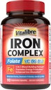 jern Supplement for kvinner og menn, med vitaminer C, B6, B12 & Folate for jernmangel, blodbygging og energi støtte, magevennlig, bedre absorpsjon, ikke-GMO, Ingen gluten, 90 Vegan Caps