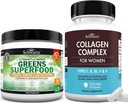 Super Greens pulver med probiotika Prebiotika og Digestive Enzymer (30 Services) Plus Hydrolysert Collagen Peptid Kapsler (45 dagers forsyning)