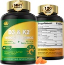 Vitamin D3 10000 IU Plus K2 (MK-7) 100mcg, Vegansk vitamin D3 K2 med gurkemeie, magnesium og sink for kalsiumabsorpsjon, Bein og immun helse, kokosolje for høy absorpsjon, lett å svelge, 120 Cts