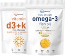 Mikro ingredienser Vitamin D3 5000iu + K2 100mcg Softgels & Omega-3 Fish Oil 120 Softgels Bundle 2 Pack | Essential Sunshine Vitamins | Wild-Caught fisk, sitron Flavored, Burpless