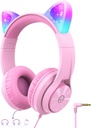 iClever Kids Hodetelefoner med katt øre Led Light Up, Safe Volume Limite, FunShare, Foldbare, Over-Ear hodetelefoner for barn for skole / iPad / Tabell / Travel, Meow Donut-Pink