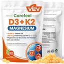 VEV Corefeel vitamin D3 K2 10.000 IU Magnesium Supplement - med vitamin D og K (MK-7), magnesiumglycinat og malat, sinkcitrat - 300 Softgels for energi, bein og muskel støtte