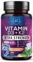 Vitamin D med K2 (MK-7) - vitamin D3 5000IU (125mcg) Per Serving - D3K2 Complex Supplement for bein, tenner, muskel, kalsiumabsorpsjon, immun støtte og hjerte helse - flaske i USA - 240 Softgels