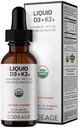 Codeage flytende D3 + K2 vitaminer USDA organisk - vitamin D3 2000 IU, vitamin K2 (MK4 & MK7) flytende dråper - Immunstøtte - Uovertruffen - organisk MCT Olje - ikke-GMO - 1 fl oz