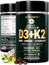 KEY ELEMENTS D3 K2 Vitamin 10.000 IE med magnesiumglycinat 350 mg, sink og moringa - Bein- og immunstøtte - vitamin D med K2 MK-7 200mcg - Ikke-GMO, Glutenfri Softgels