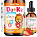 Kids vitamin D3 K2 Dråper - K2 D3 Vitamin Supplement 1000 IU med Omega 3, støtte bein, Mood, tann og immun - vitamin D3 K2 (MK-7) flytende dråper for voksne og barn, sukkerfri jordbær Flavor 2 FL OZ