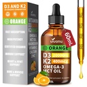 Vitamin D3 K2 Dråper, D3 20000 IU & K2 som MK-7 400mcg med magnesium, kalsium, sink og omega 3 for immun *, humør*, bein* helse, orange flavor vitamin D flytende dråper Supplement 1 flaske / 2 ovner