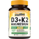 Vitamin D3 K2 + Magnesium Supplement, 10000 IU Vitamin D3 & 100mg K2, med magnesiumglykinat, Bein, tenner, immun- og energistøtte, høy absorpsjon, ikke-GMO, lett å svelge, 60 Softgels