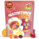 Kids Multivitamin Gummies 180 greve - Øye, Hjerne og Gut Support - Sukkerfri vitaminer for barn - med Lutein, Omega-3 DHA & Prebiotika - 3 Fruit Flavors - Alder 2+