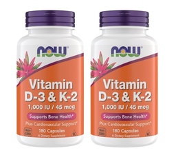 Nå Supplements Vitamin D3 K2, 1000 IU/45 mikrog, Cardiovaskulær støtte, støtter bein helse, 180 vegetariske kapsler - Vegan, Glutenfri, Kosher vitamin D3 og K2 Supplements (2)