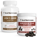 Ekte Mushrooms Lions Mane For Humans (120ct) & Mushroom Kjæledyr Relax Chews (60 Chews) - Bundle For Cognition & Relaxation - Vegansk, Ikke-GMO, Glutenfri, Gruin-fri Mushroom Extract Supplements