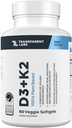 Transparent Labs vitamin D3 K2 - vitamin D & K2 vitamin Supplement for menn og kvinner, Vegansk-vennlig D3K2 5000 IE Supplement for å støtte bein, immun og generell helse - K2 D3 60 Kapsler