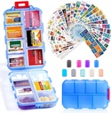 14 Grids Travel Pille Organizer Box med 415-Pcs Medisin Navn etiketter - Pocket Daily Pharmacy Case Container Kit - Reisemedisinholder Dispenser for Fish Oil Vitamin Supplerende Oppbevaring - Fjern blå