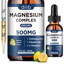 Magnesium Glycinat flytende dråper, Triple Magnesium Complex Supplement med Citrat, Malate 500mg Ashwagandha, L-theanin, vitamin B6 for søvn, rolig, stress relief, Bein, Muskel, Mood - Lemon Flavor