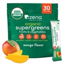 Zena Nutrition Organic Super Greens Powder, 70+ Superfoods, 0 Sukker, 3G Fiber, Spirulina, Klorella, Mushrooms, Prebiotika/Probiotika, Digestive Enzymer for Gut Helse, Mango, 30 Drikkemiks pakker