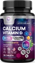Kalsium 1200 mg med vitamin D3, kalsiumtilskudd vitaminer, bein, tenner og immun helse støtte, kalsium kosttilskudd med D for kvinner og menn, naturens absorberbare kalsiumkarbonat - 180 tabletter