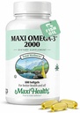Maxi helse Omega 3 Fish Oil 2000mg – Fish Oil Omega 3 Kosttilskudd med ingen fiskelig ettersmak – Triple Styrke EPA DHA – Kosher Omega3 Supplement for å hjelpe støtte generelle velvære (100 Softgels)