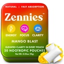 Zennies Koffein Nootropic Pouches med Alpha GPC, L-Tyrosin & L-Theanine, Lion's Mane, Cordyceps, Reishi - Nicotine Free, Ingen sukker eller kunstige søtningsstoffer Nootropic Energy Pouches, Mango Blast 1 PK